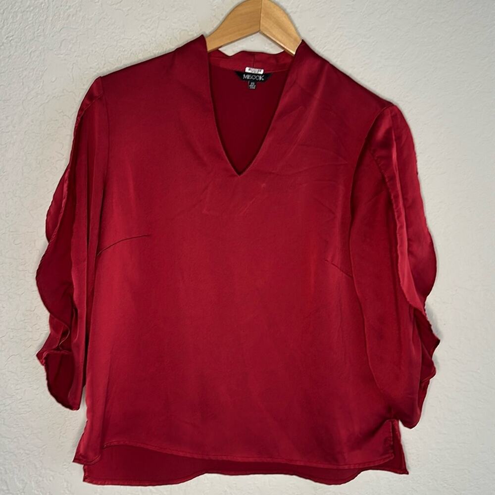 Misook Silky Burgundy Holiday Top Waterfall Sleeve V Neck Size XS Valentines Day